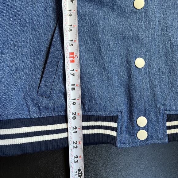 True Religion Guitar Buddha Varsity Jacket Women Large Denim White Retro Y2K NEW - Picture 11 of 12